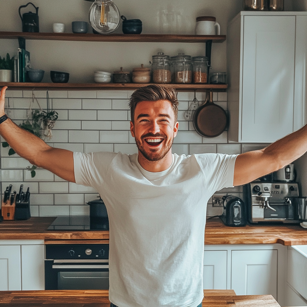 British man in renovated kitchen looking happy. Full body.