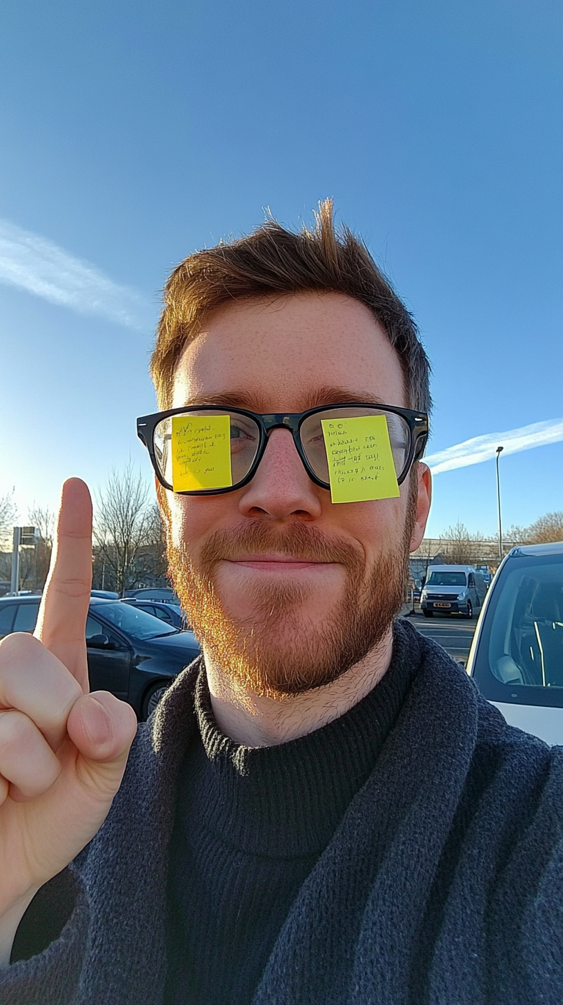 British man in selfie with post-it notes, pointing.