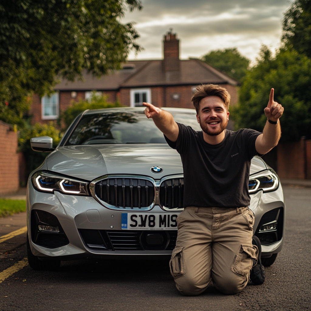 British man next to car, pointing up, Manchester background