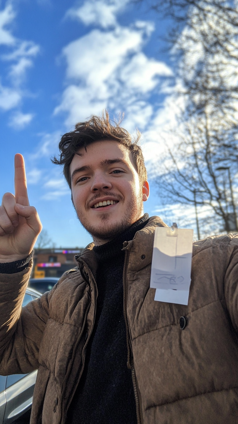 British man takes selfie in Manchester parking lot.