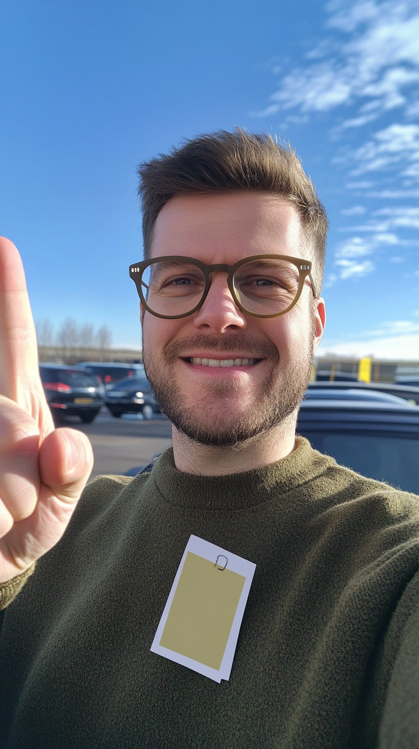 British man takes selfie with sticky notes on glasses.