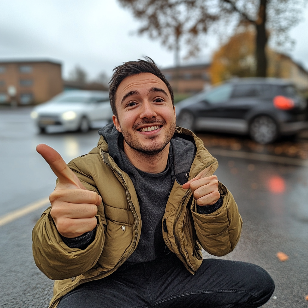 British man taking selfie in Manchester parking lot You