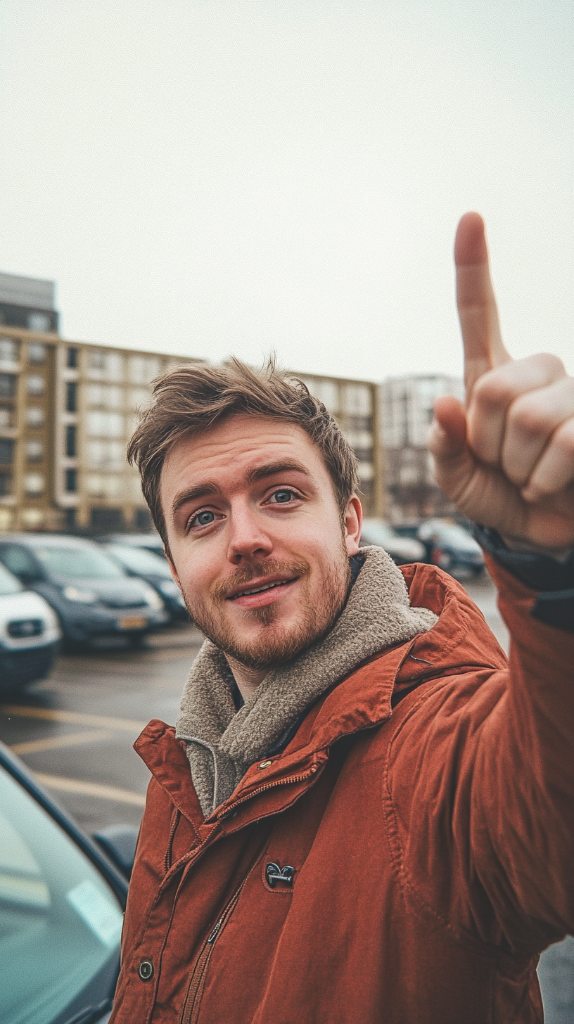 British man taking selfie with car in background.