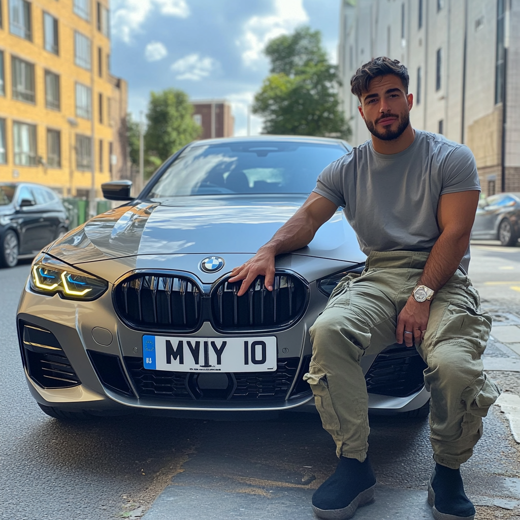 British man with BMW kneels by number plate.