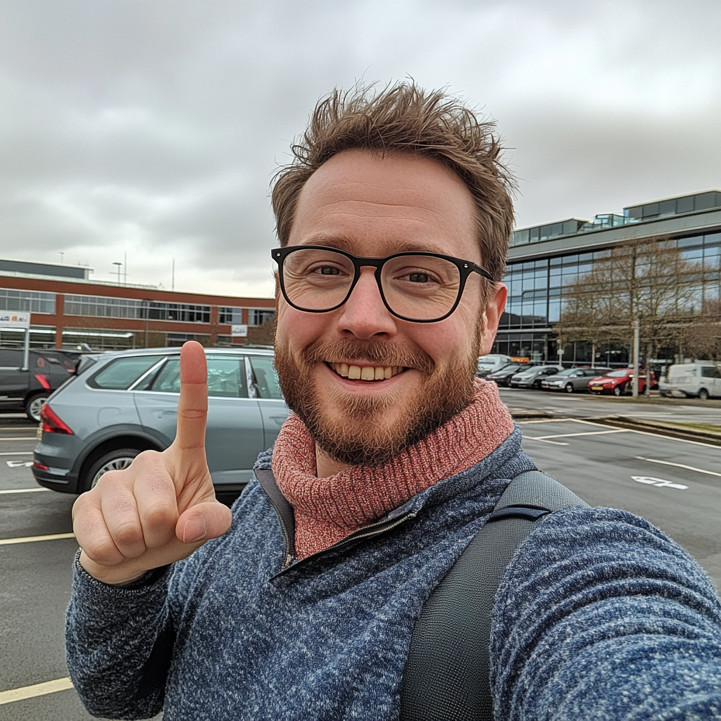 British man with car and sticky note selfie.