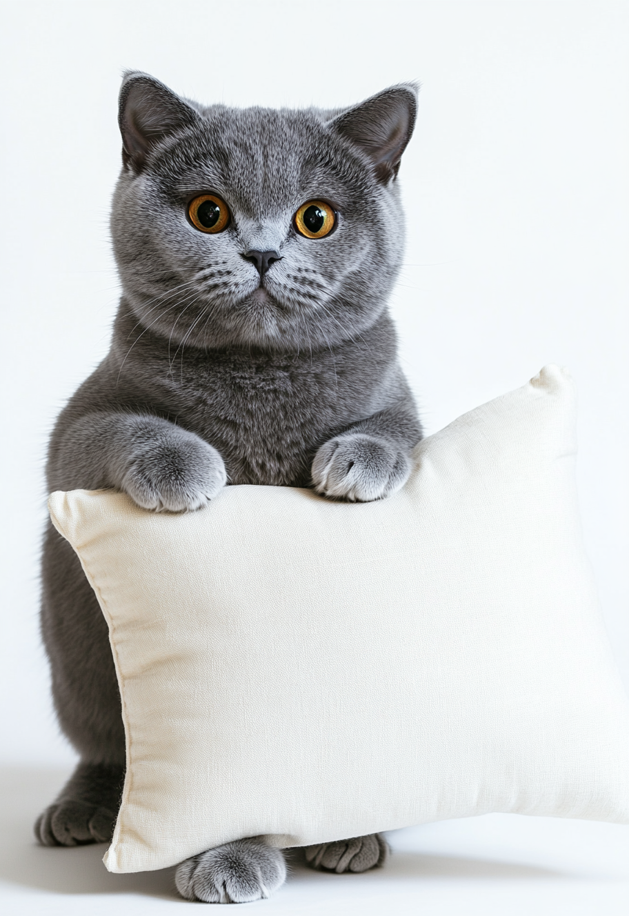 British shorthair cat hugging pillow, charming expression, camera.