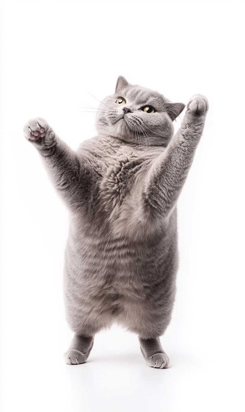 British shorthair cat standing on two legs smiling