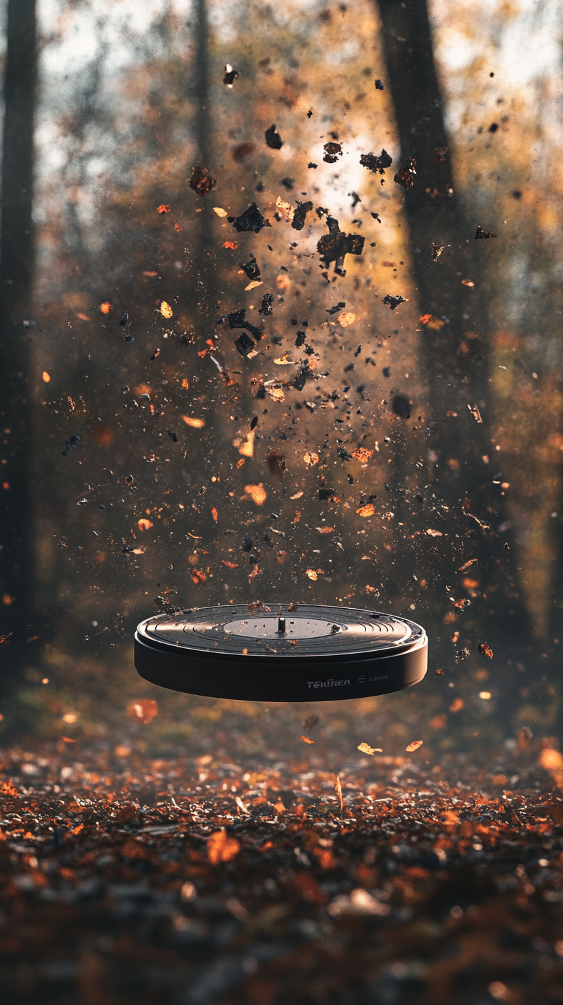 Broken DJ turntable in forest with floating debris and light.