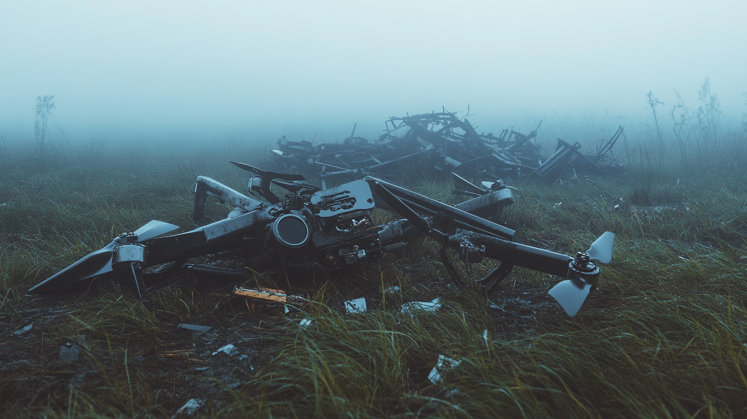 Broken Drone Graveyard in Foggy Field