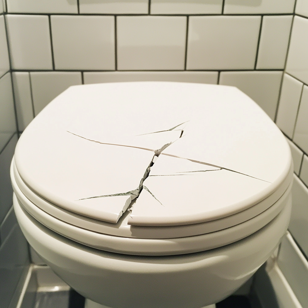 Broken toilet lid in stylish bathroom with sharp edges.