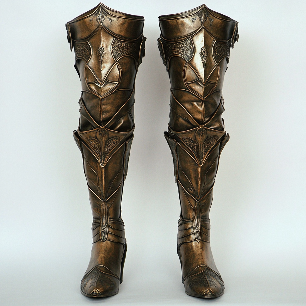 Bronze armor thigh high boots with toe protection.