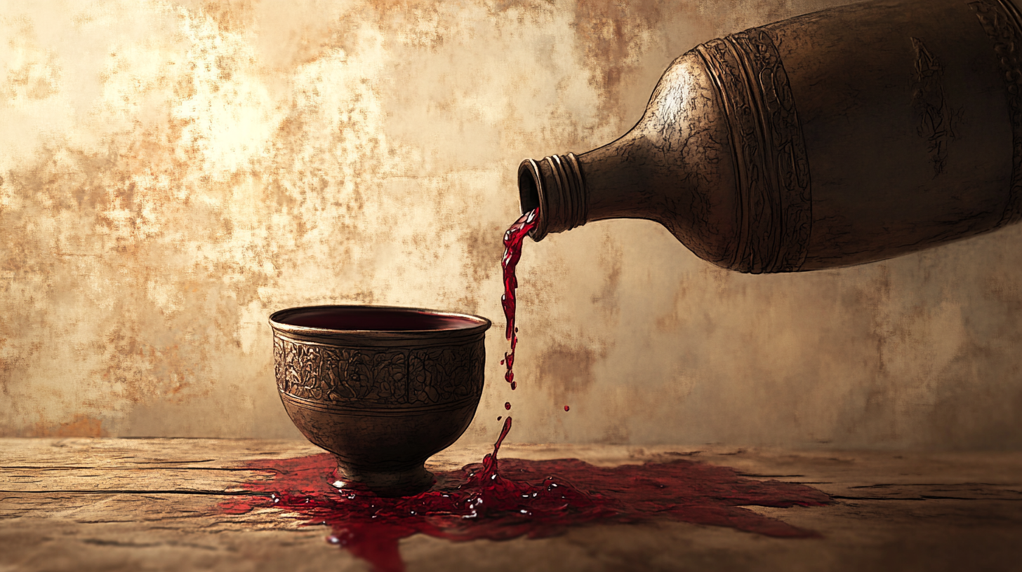 Bronze cup pouring red wine, spilling on table.