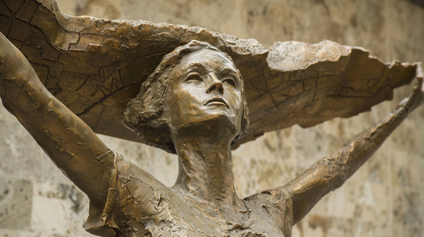 Bronze statue of towering woman carrying US map.