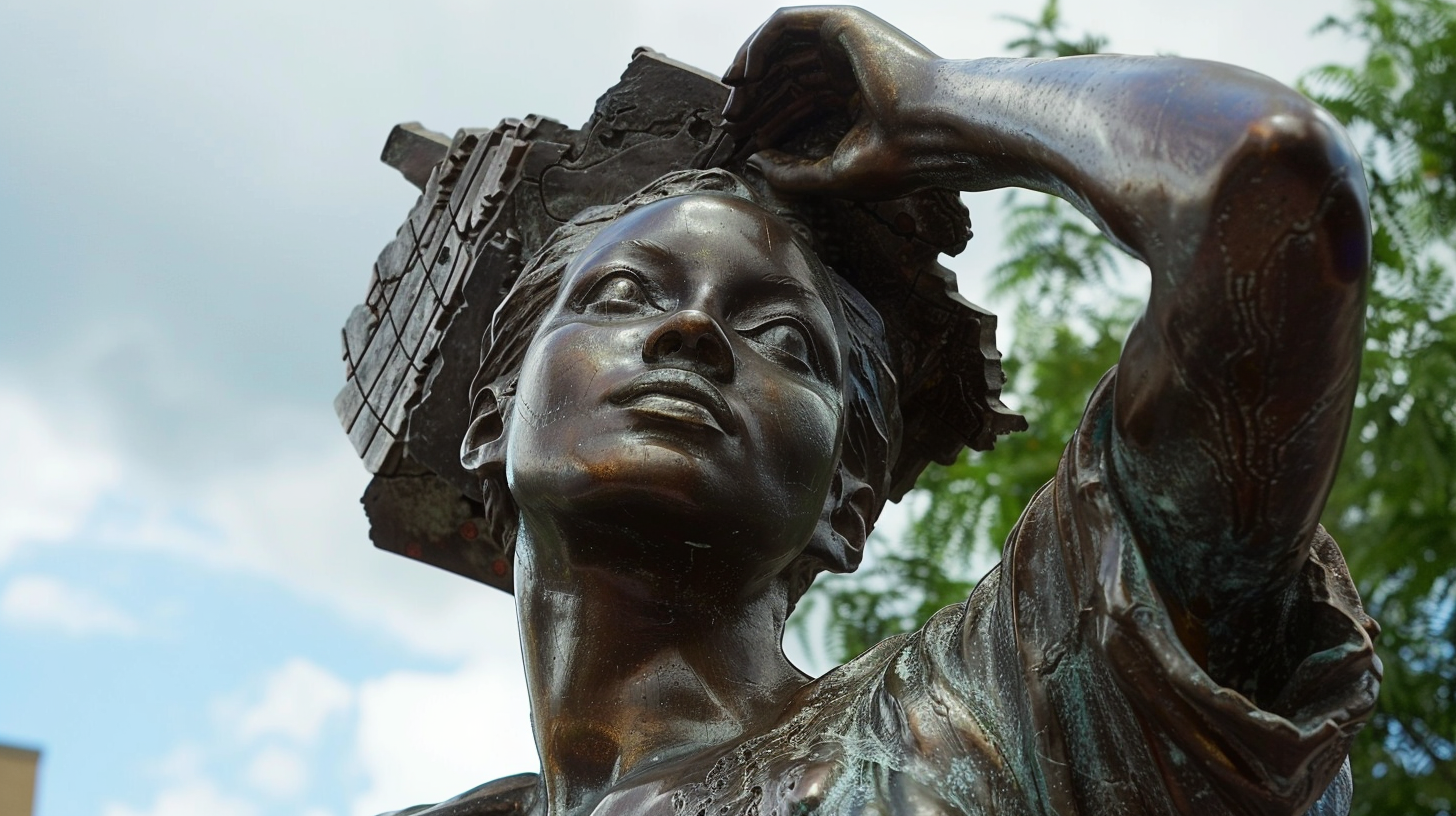 Bronze statue of woman carrying huge map of USA.