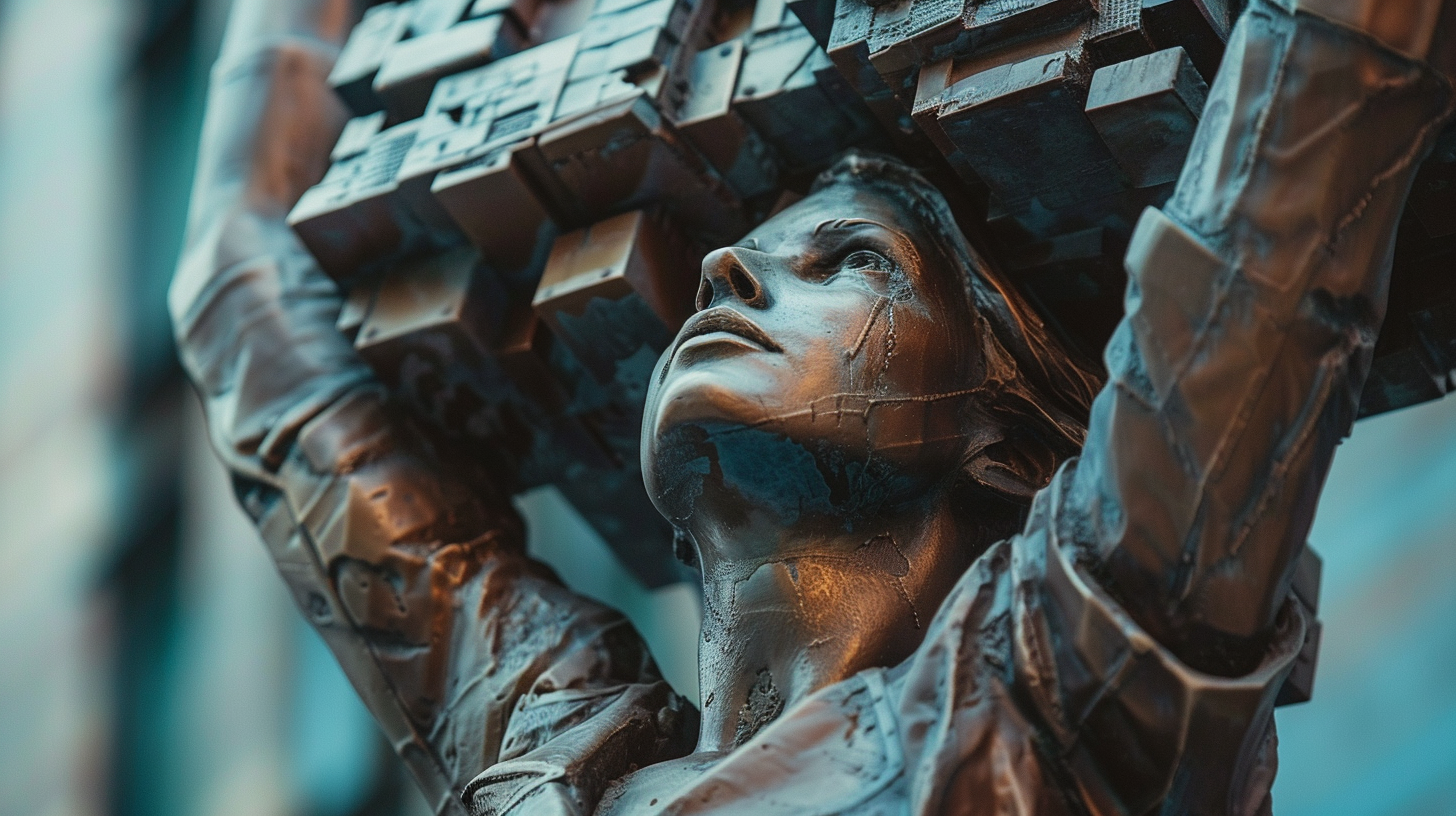 Bronze statue of woman holding model of USA.