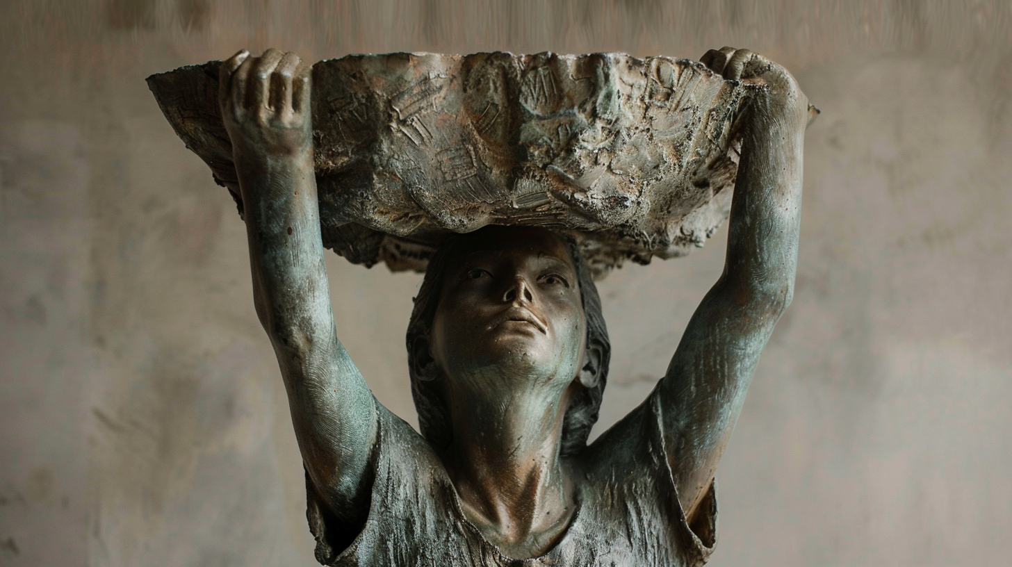 Bronze statue woman holds up America on shoulders.