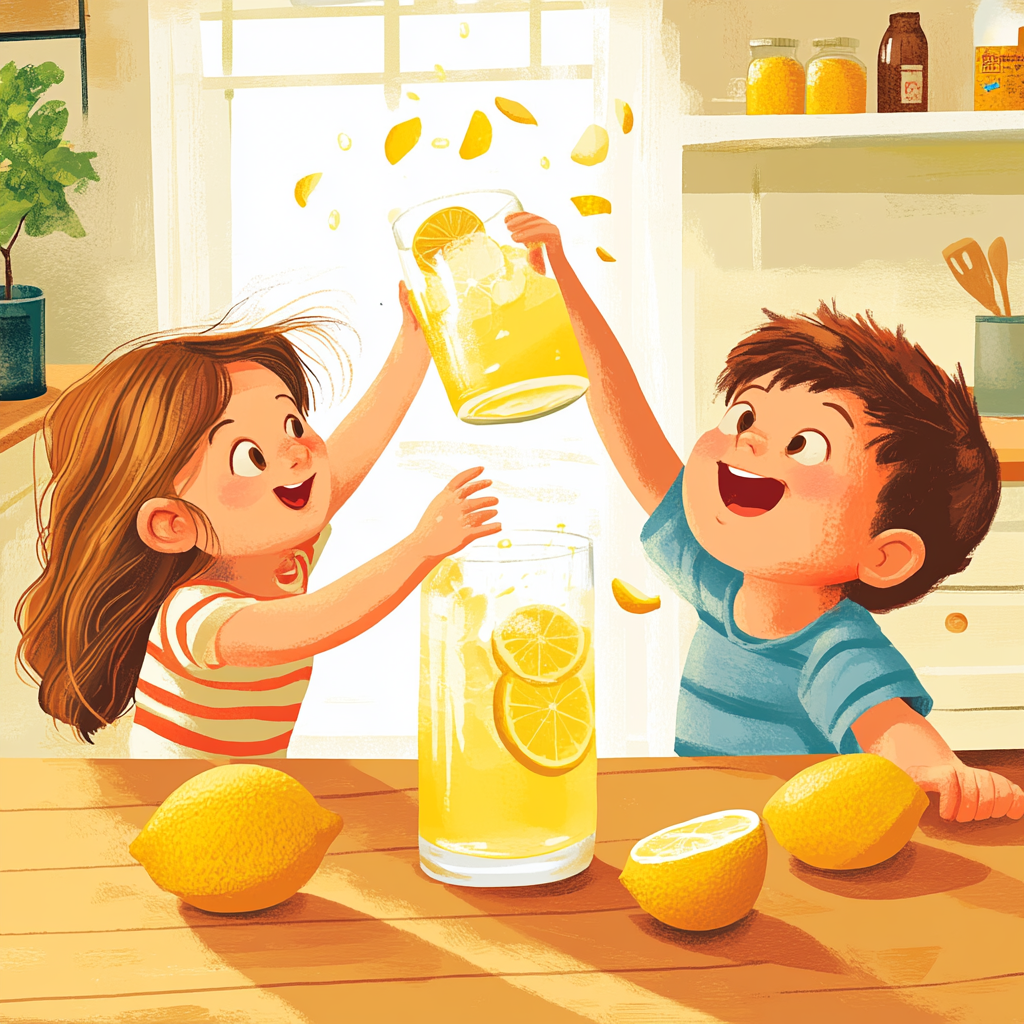 Brother and sister play fight for lemonade