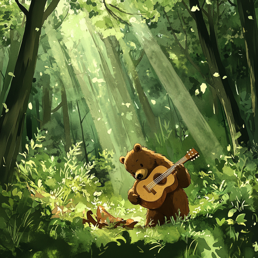 Brown Bear Jonny finds buried guitar in forest.