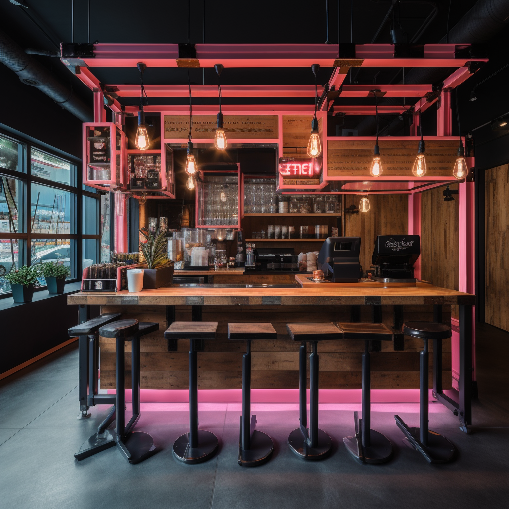 Modern Coffee Shop with Brown Wood, Black Metal, and Pink LED Lighting