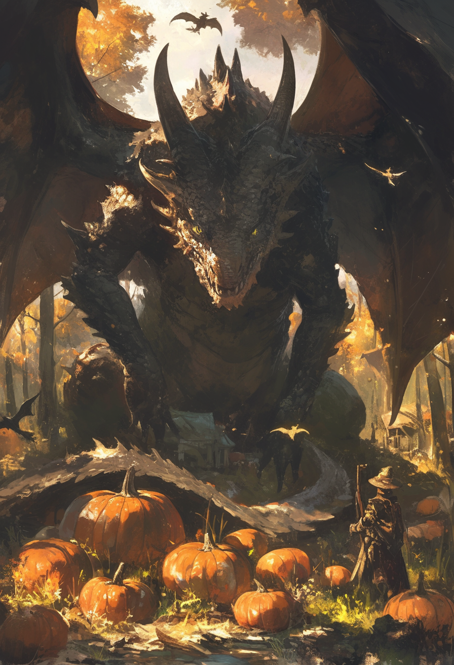 Brown dragon rests among pumpkins, black dragon flies above.