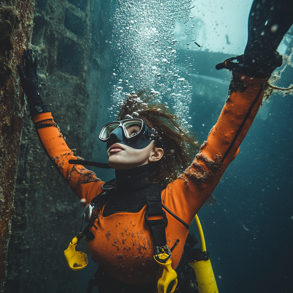 Brown eyed girl diving in sunken ship, 1970s film.