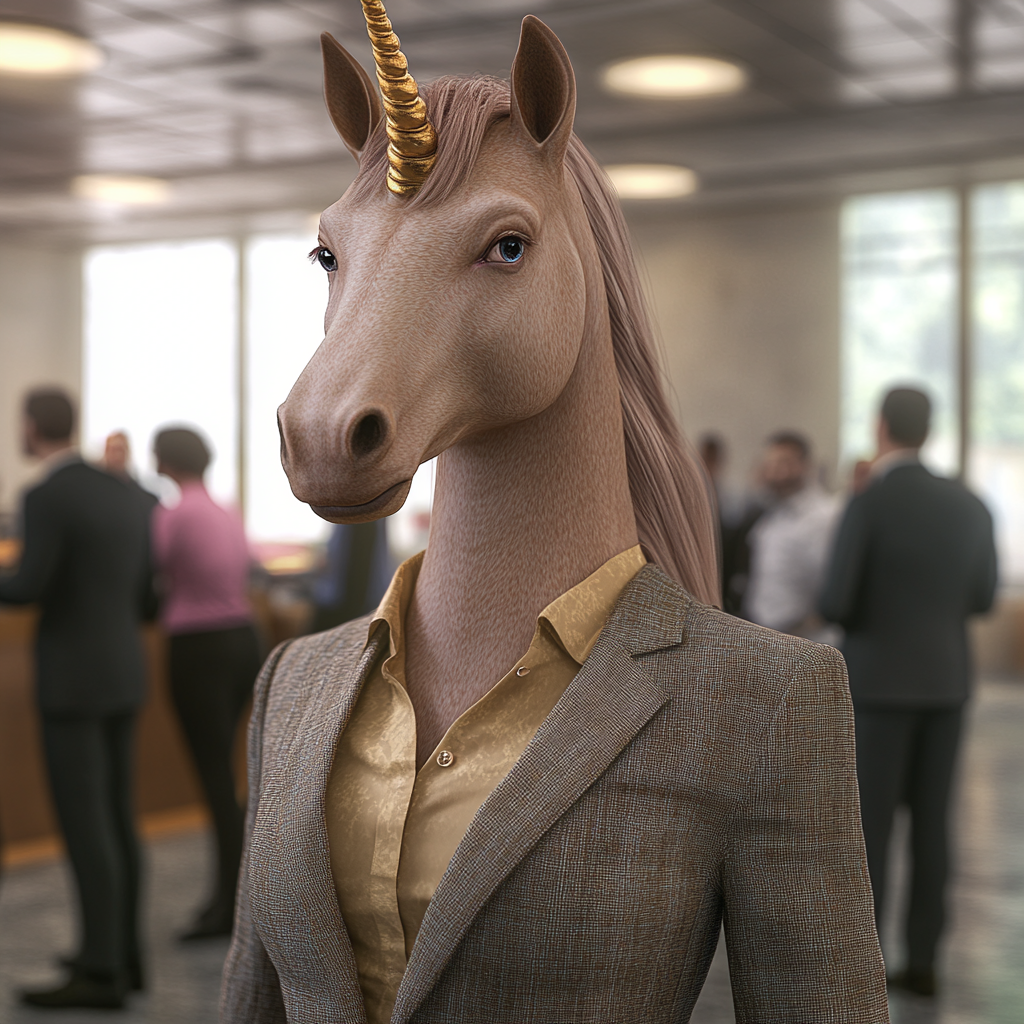 Brown female unicorn in business suit with gold shirt.