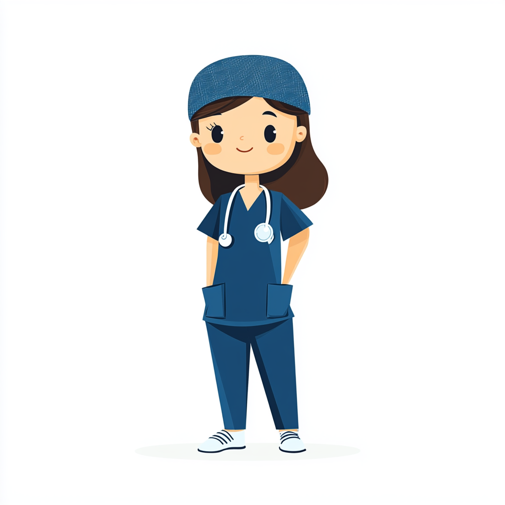 Brown-haired girl in blue scrubs and white shoes.