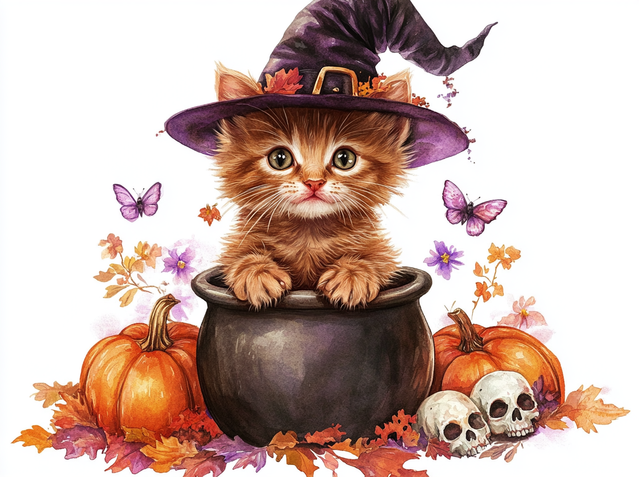 Brown kitten in witch hat, sitting in cauldron.