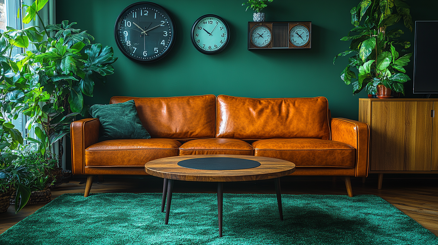 Brown leather sofa, wooden table, green carpet in retro interior.