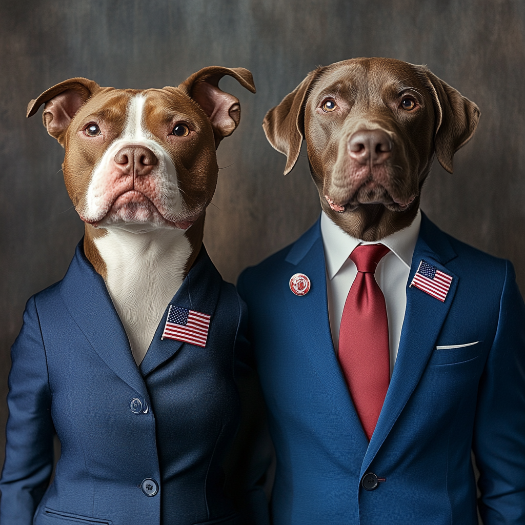 Brown pitbull in blue suit with chocolate labrador.