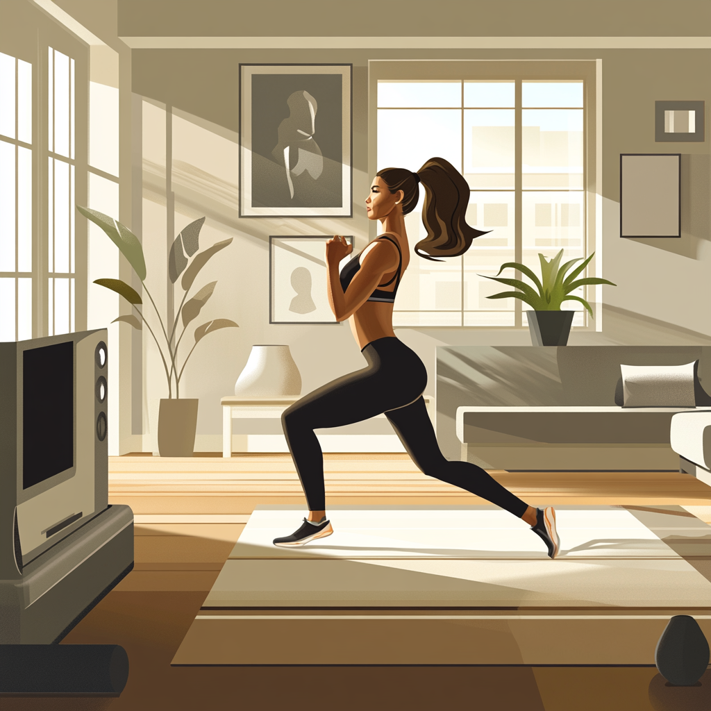 Brown woman exercising properly in living room vector art.