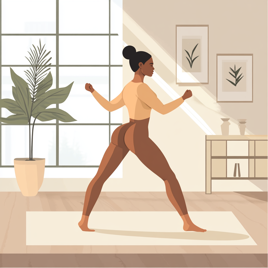 Brown woman in tights exercises in pastel living room.