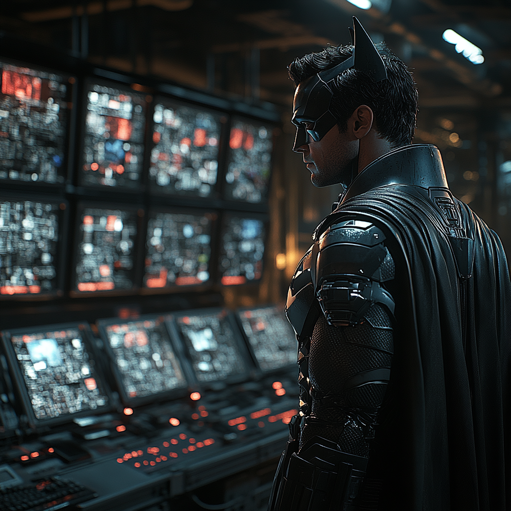 Bruce Wayne closely examining the Batcomputer, surrounded by glowing monitors.