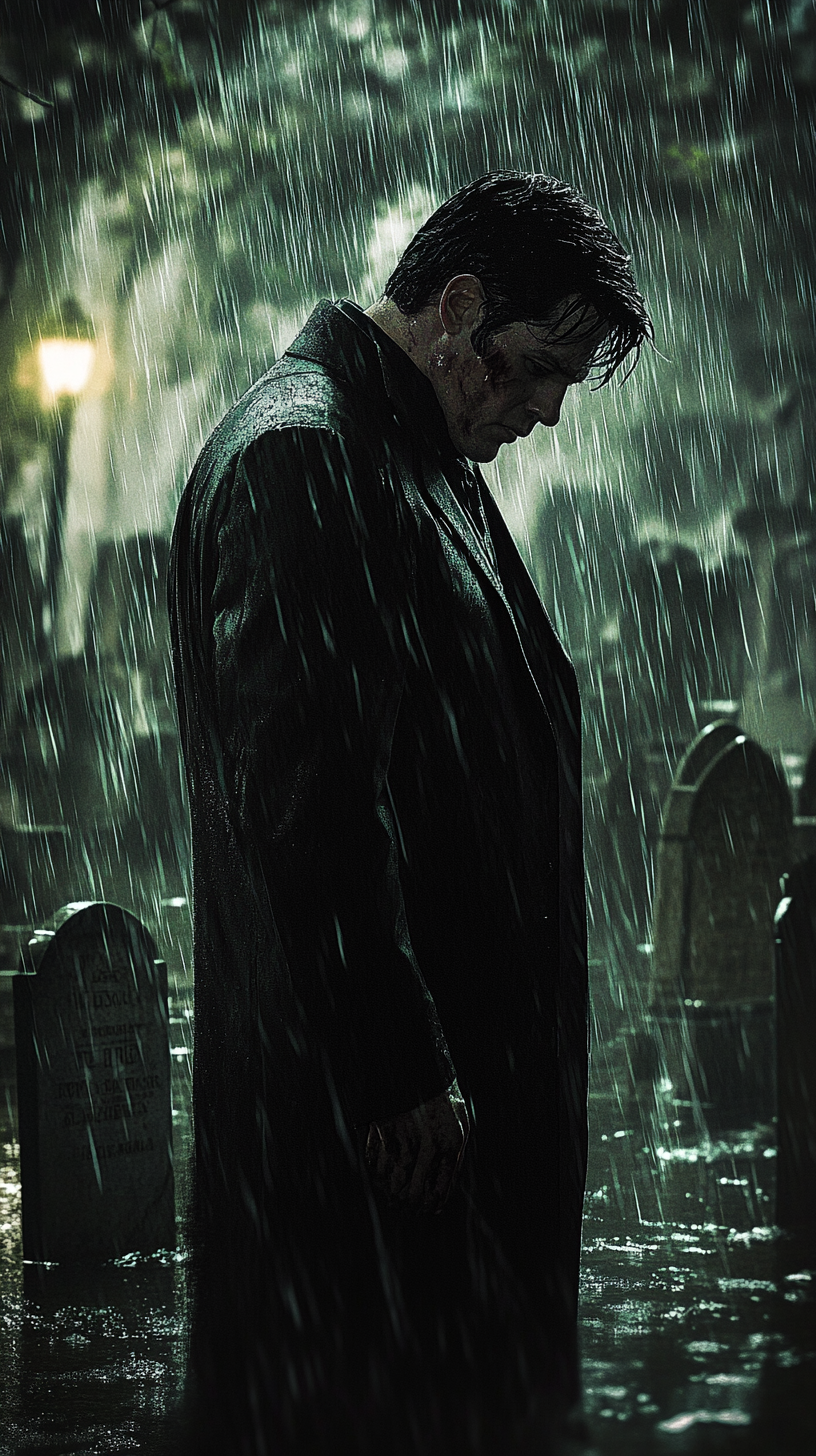 Bruce Wayne mourns in the rain at funeral.