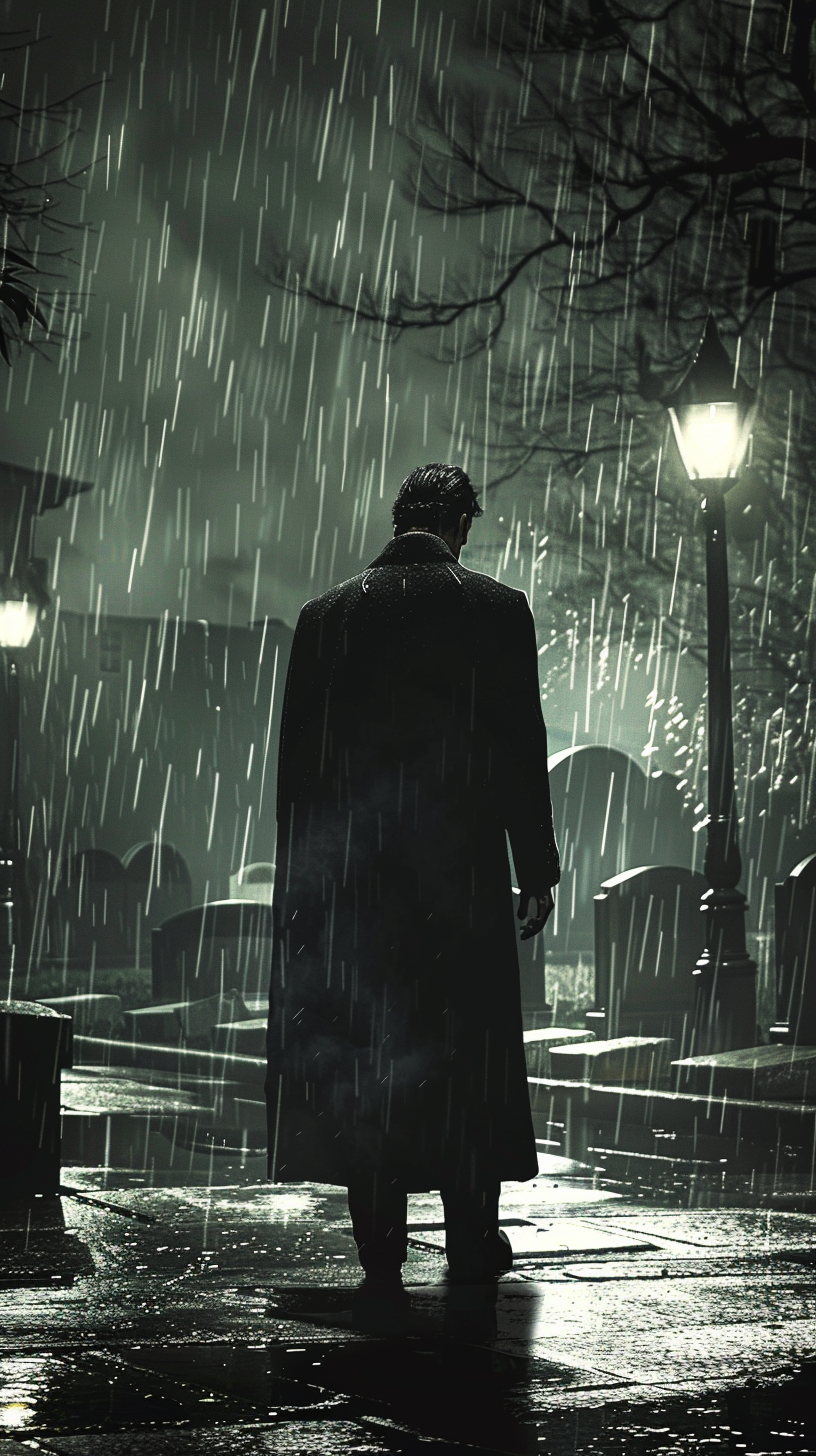 Bruce Wayne mourns in the rain at night funeral.