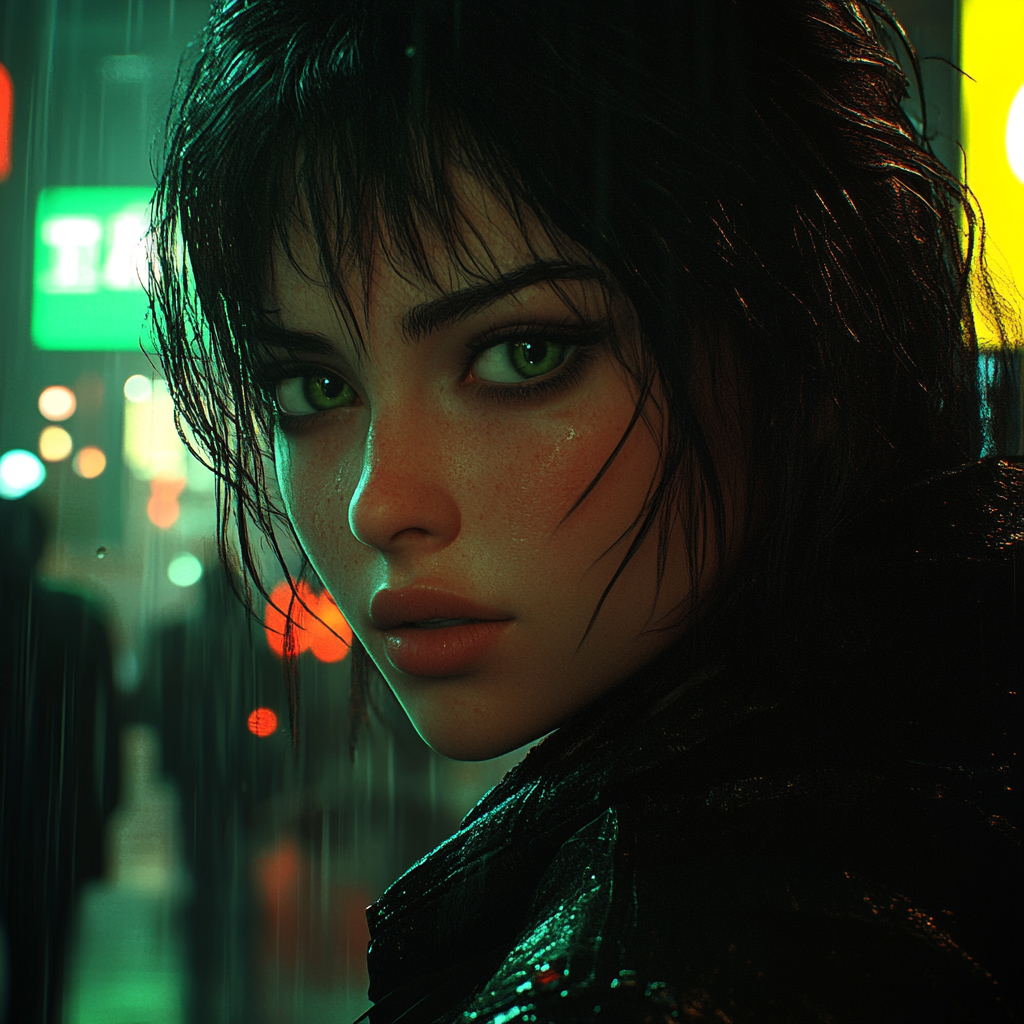 Brunette girl in cyberpunk city with green eyes.