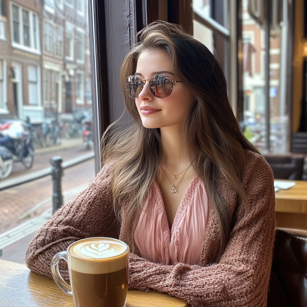 Brunette in Amsterdam cafe, drinking coffee, wearing pink.