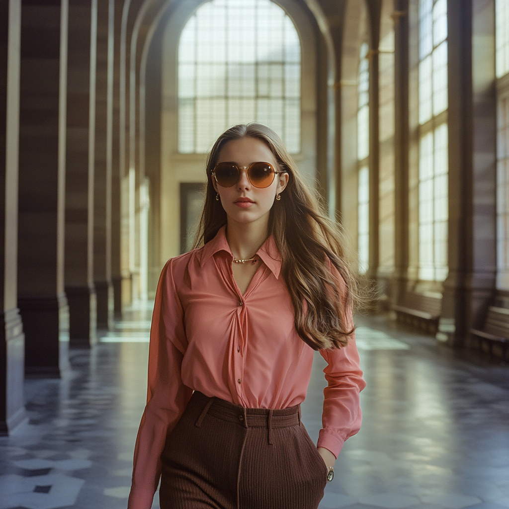 Brunette in a museum in Amsterdam with sunglasses walking.