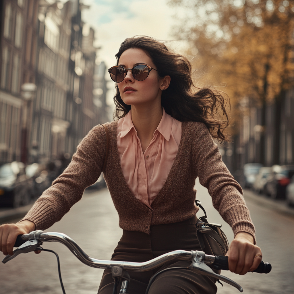 Brunette in pink blouse riding bike in Amsterdam, sunglasses.