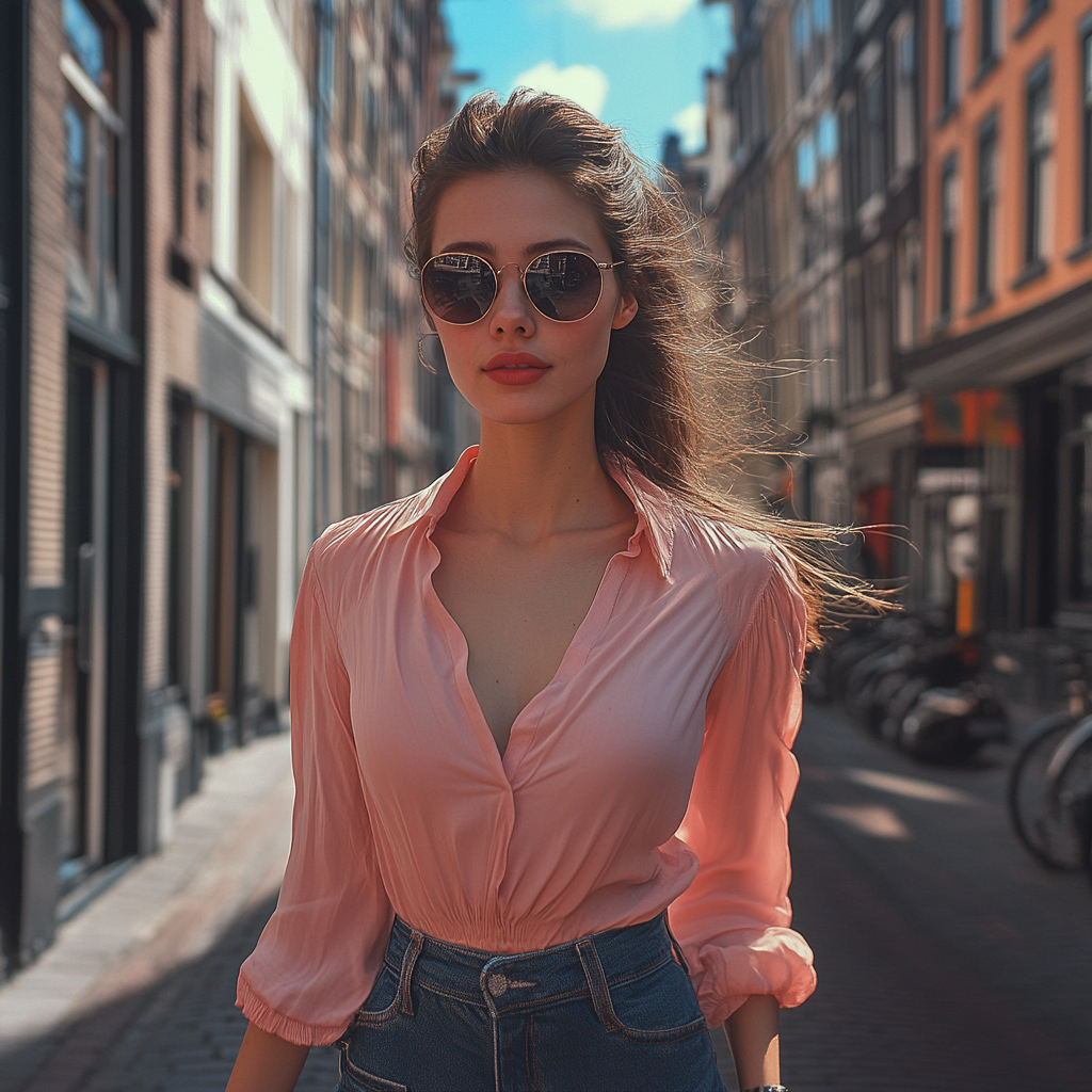 Brunette walking in Amsterdam wearing pink blouse and sunglasses.