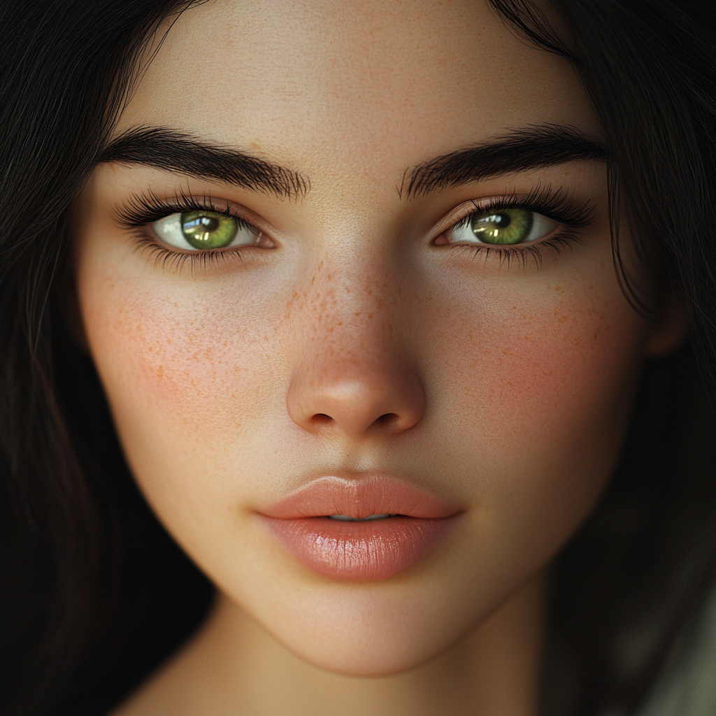 Brunette woman facing forward, green eyes, natural lips.