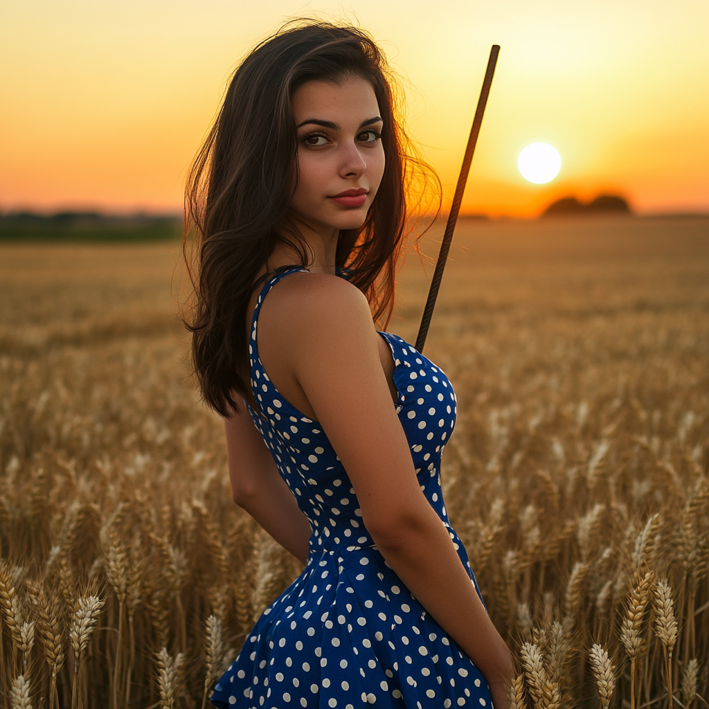 Brunette woman in blue dress with iron rod at sunset.