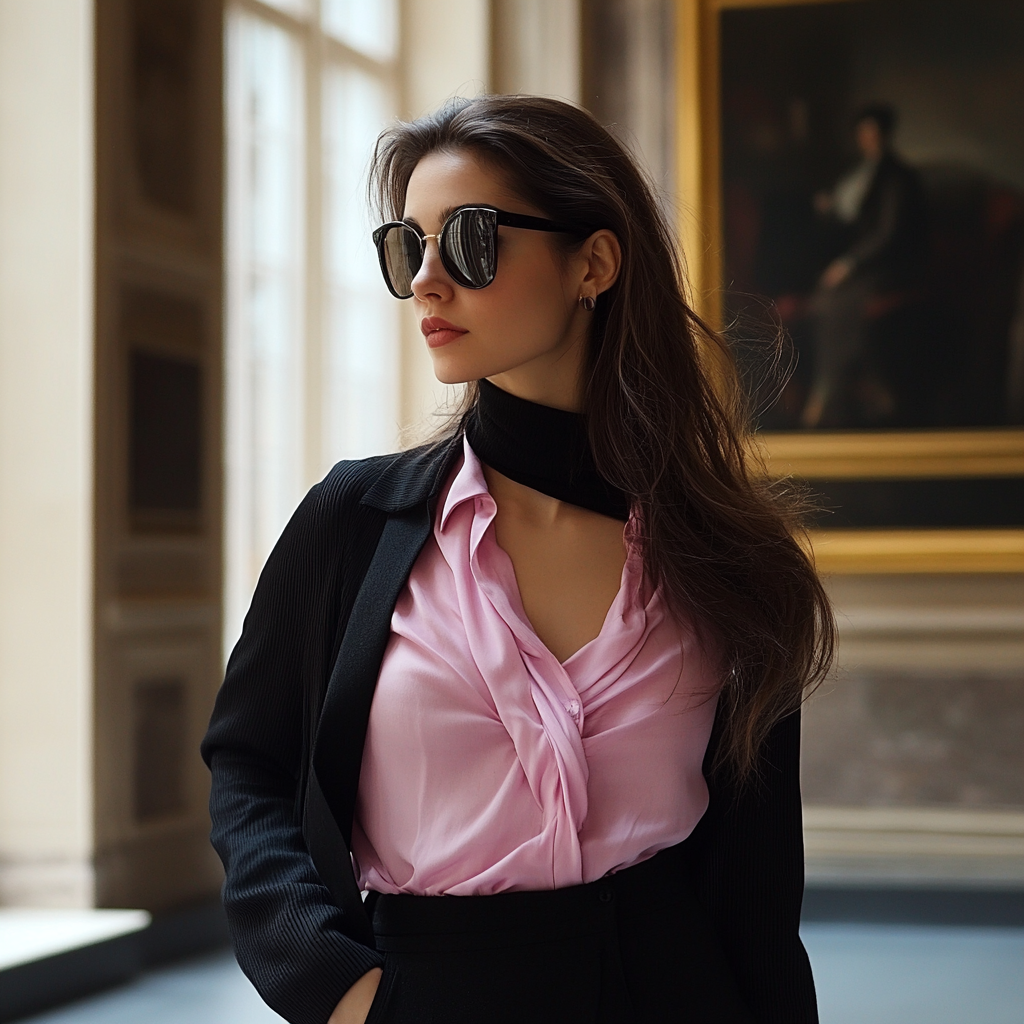 Brunette woman in museums of Amsterdam with pink blouse.