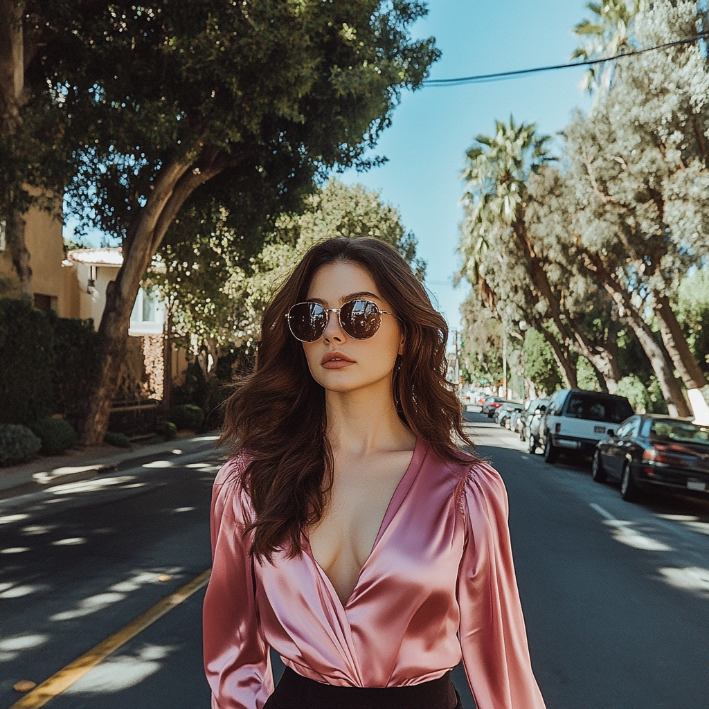 Brunette woman in pink blouse walking in LA.