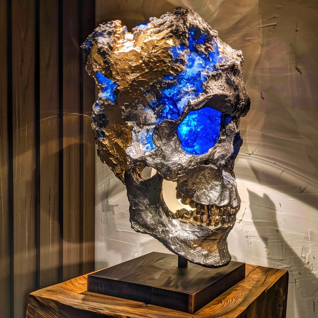 Brutalist skull sculpture with gemstone display, silver and gold.