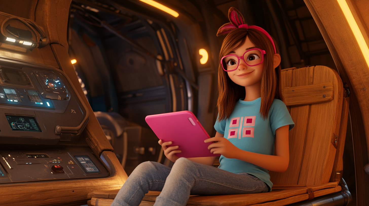 Bryanna in cozy treehouse spaceship with pink tablet.