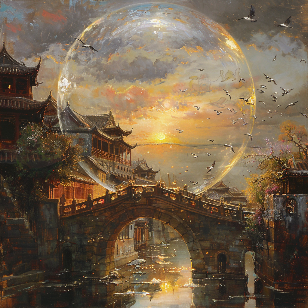 Bubble with Tang Dynasty palace inside, decayed street painting.