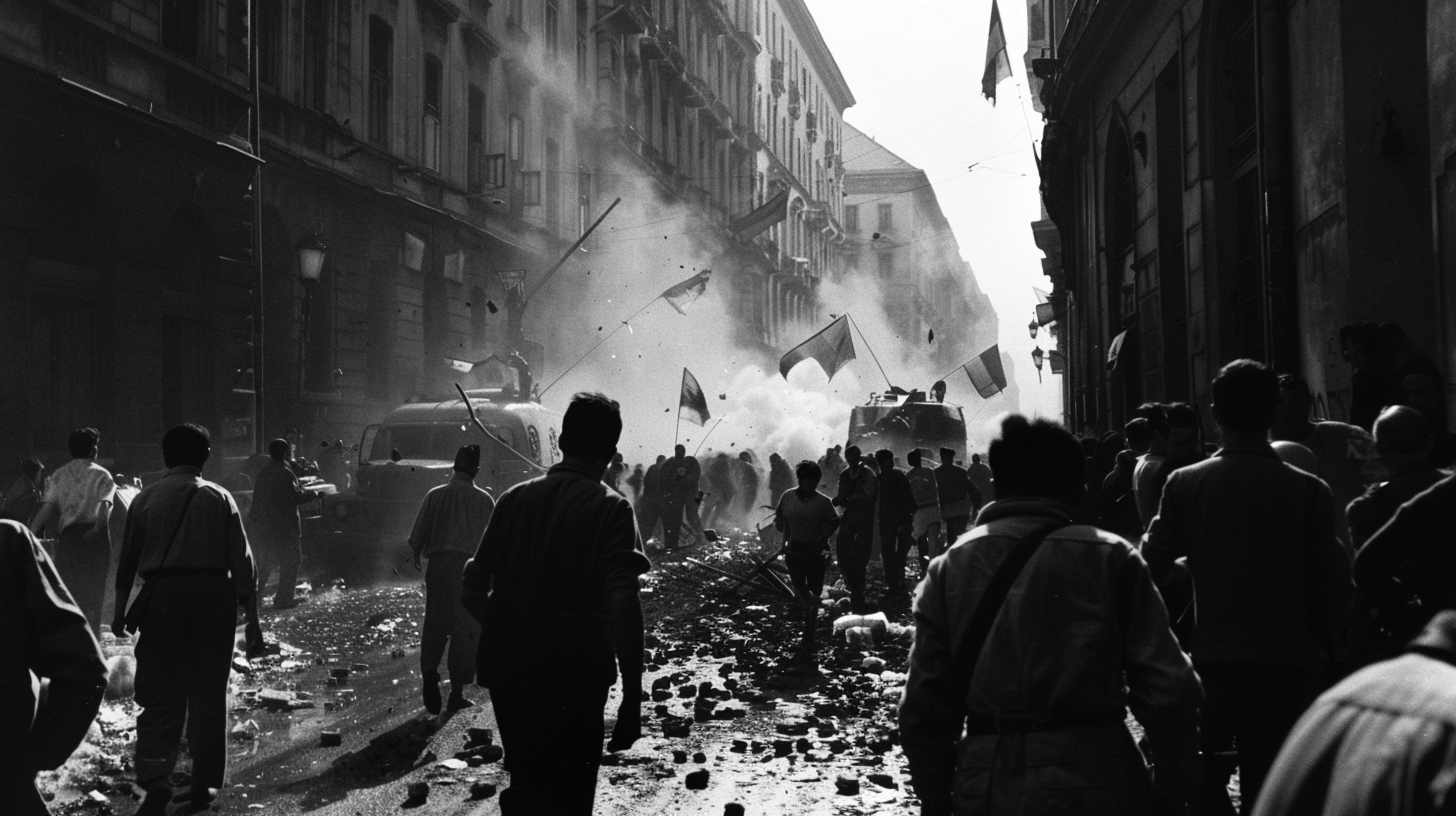 Budapest uprising photo with people, tanks, flags, shadows.