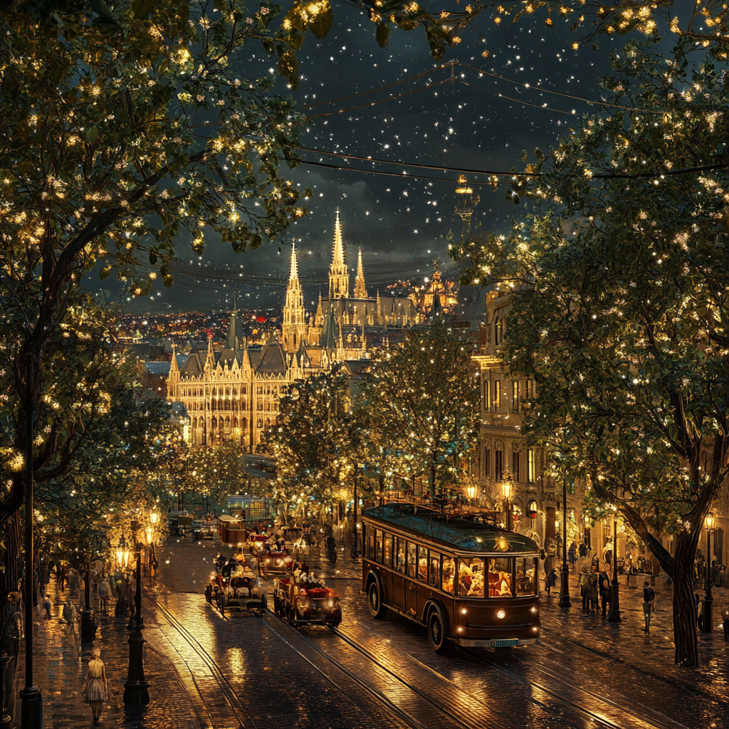 Budapeste at night in the 1900s, realistic city view.