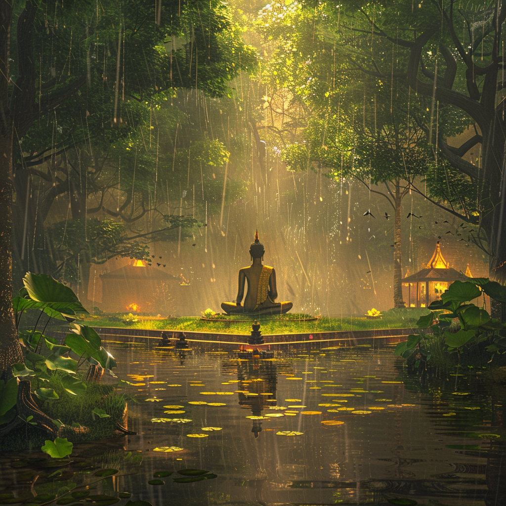 Buddha meditating in temple garden during rainstorm.